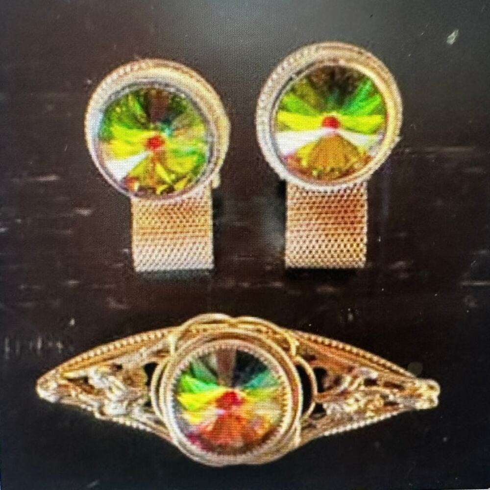 Vintage Watermelon Rhinestone Brooch and Cuff Links Set